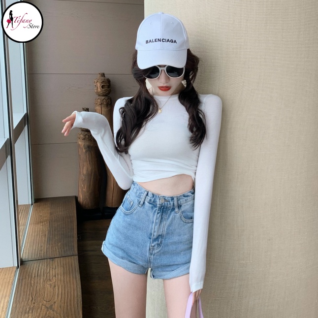 Áo Croptop Tay Dài Cổ Tròn Big Size Dưới 80Kg Chất Thun Co Dãn Màu Trắng "TD"