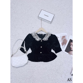 Áo peplum nhung cổ ren đen