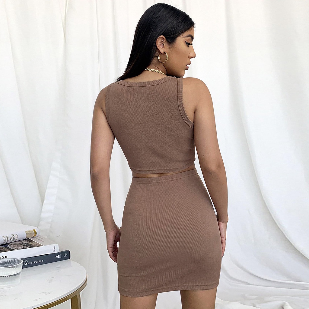Bộ Áo Tank Top Cổ Tròn + Chân Váy Lưng Cao Xẻ Tà Thời Trang Dành Cho Nữ