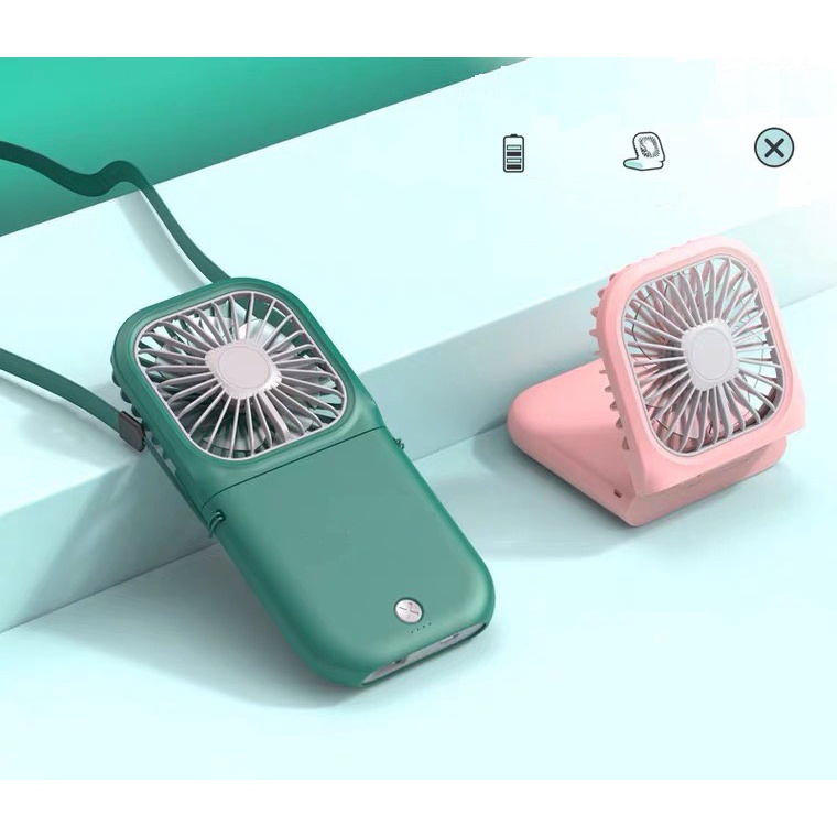 Quạt Sạc Đeo Cổ Kèm Pin Dự Phòng Foldable fan 3000mAh -Quạt Mini Sạc Usb -Để Bàn- Dây đeo tiện lợi