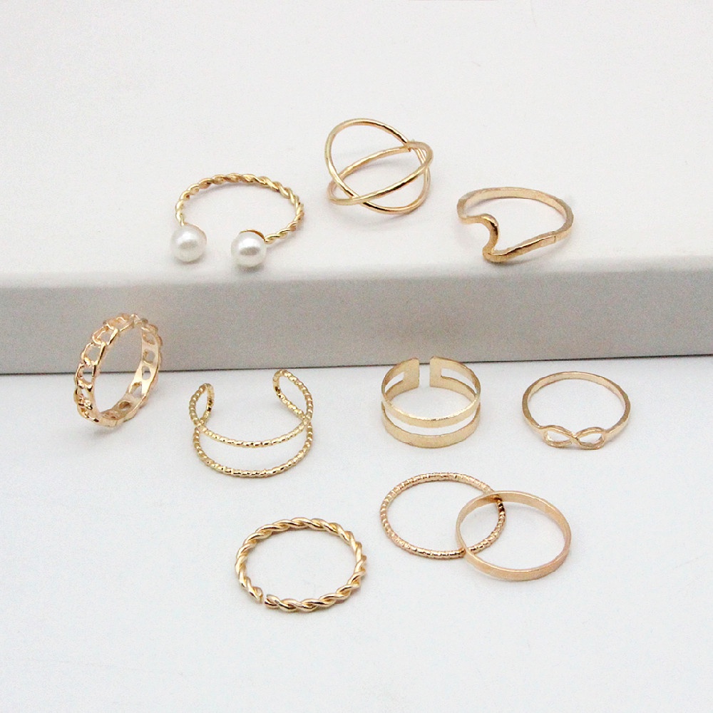 Set 10 Nhẫn Đeo Tay Kim Loại Đính Ngọc Trai Giả Thời Trang Nữ