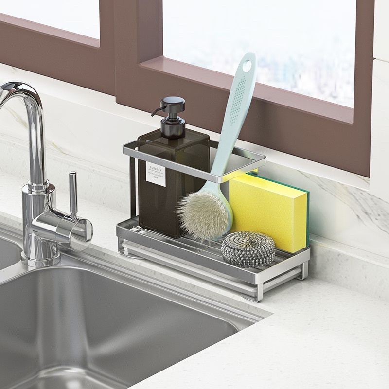 Kệ giá đỡ inox đựng dụng cụ rửa chén bát có khay hứng nước inox 304 không han rỉ