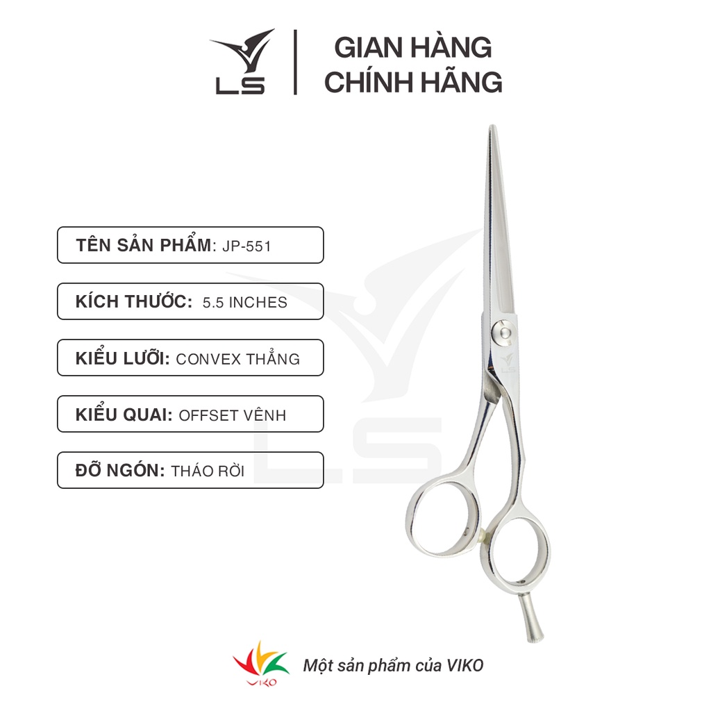 Kéo cắt tóc VLS lưỡi thẳng quai offset vênh đỡ ngón tháo rời JP551