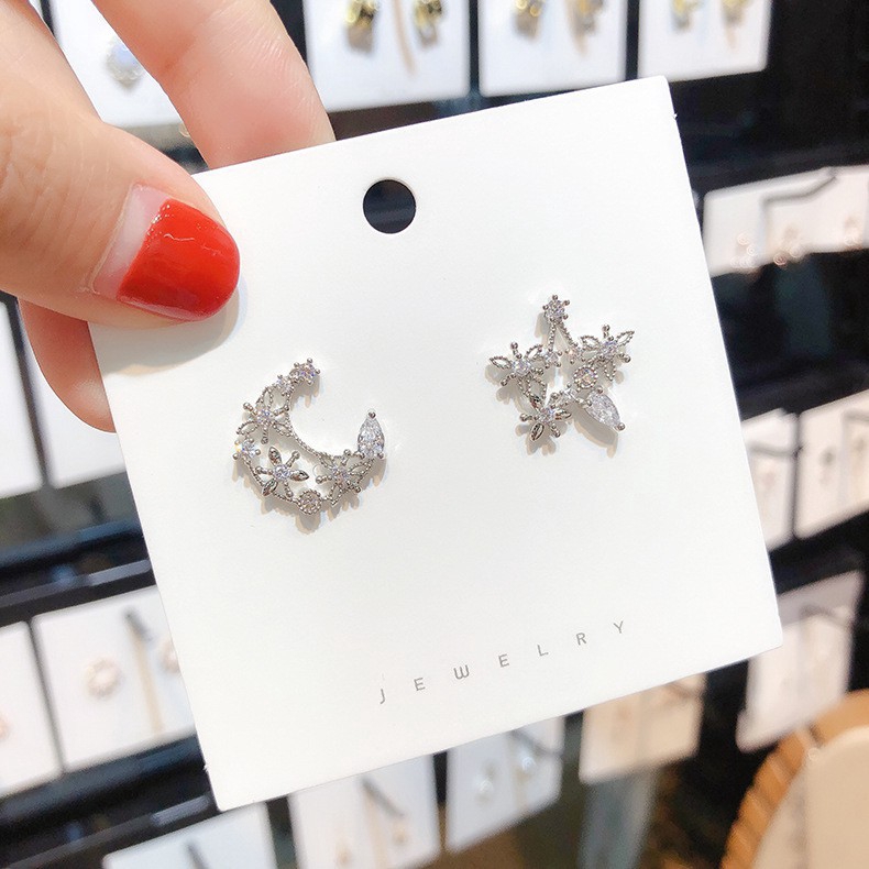 【Jewelry Time】925 Silver Needle Korean Ins Hollow Star Moon Earrings Rhinestone Flower Ear Studs