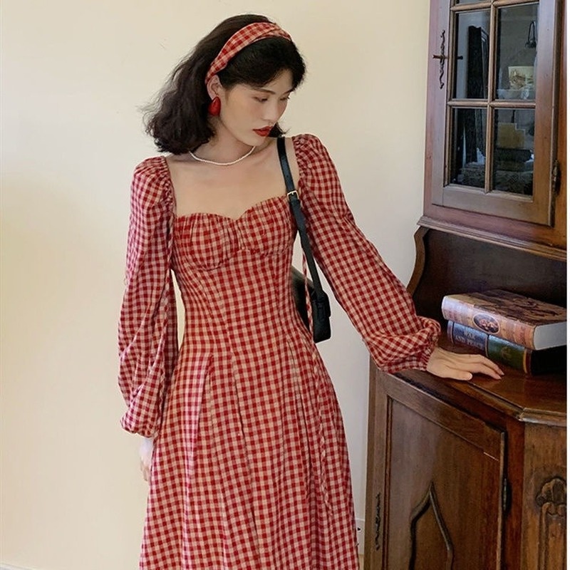 Đầm tay dài họa tiết sọc caro phong cách cổ điển kiểu dáng mới