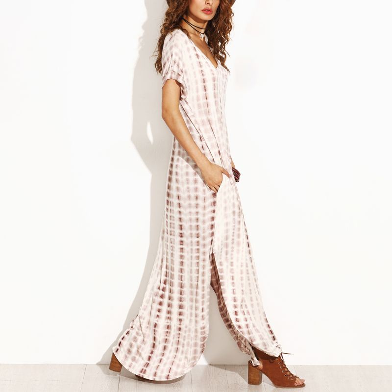 Đầm Thun Maxi Tay Ngắn Cổ Chữ V Dáng Rộng Họa Tiết Màu Nhuộm Thời Trang Cá Tính Cho Nữ