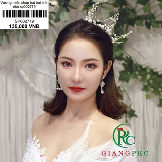 vương miện cô dâu chóp hạt trai tròn nhỏ kèm bông tai