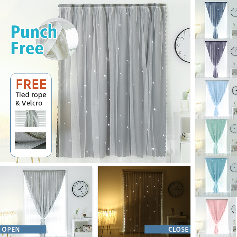 Grey Blue Star Curtains Window Self-adhesive Curtain thicken shading Cloth punch-Free Installation of Small Curtain for Bedroom