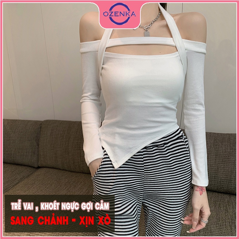 Áo croptop tay dài trễ vai ôm body OZENKA , áo bẹt vai crt len tăm 100% cotton đẹp đen trắng free sze dưới 52 kg