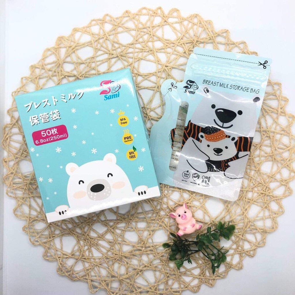 Tặng 01 bút ghi chú - Hộp 50 túi trữ sữa Sami baby Nhật bản 250ml có vòi màu xanh MS1002