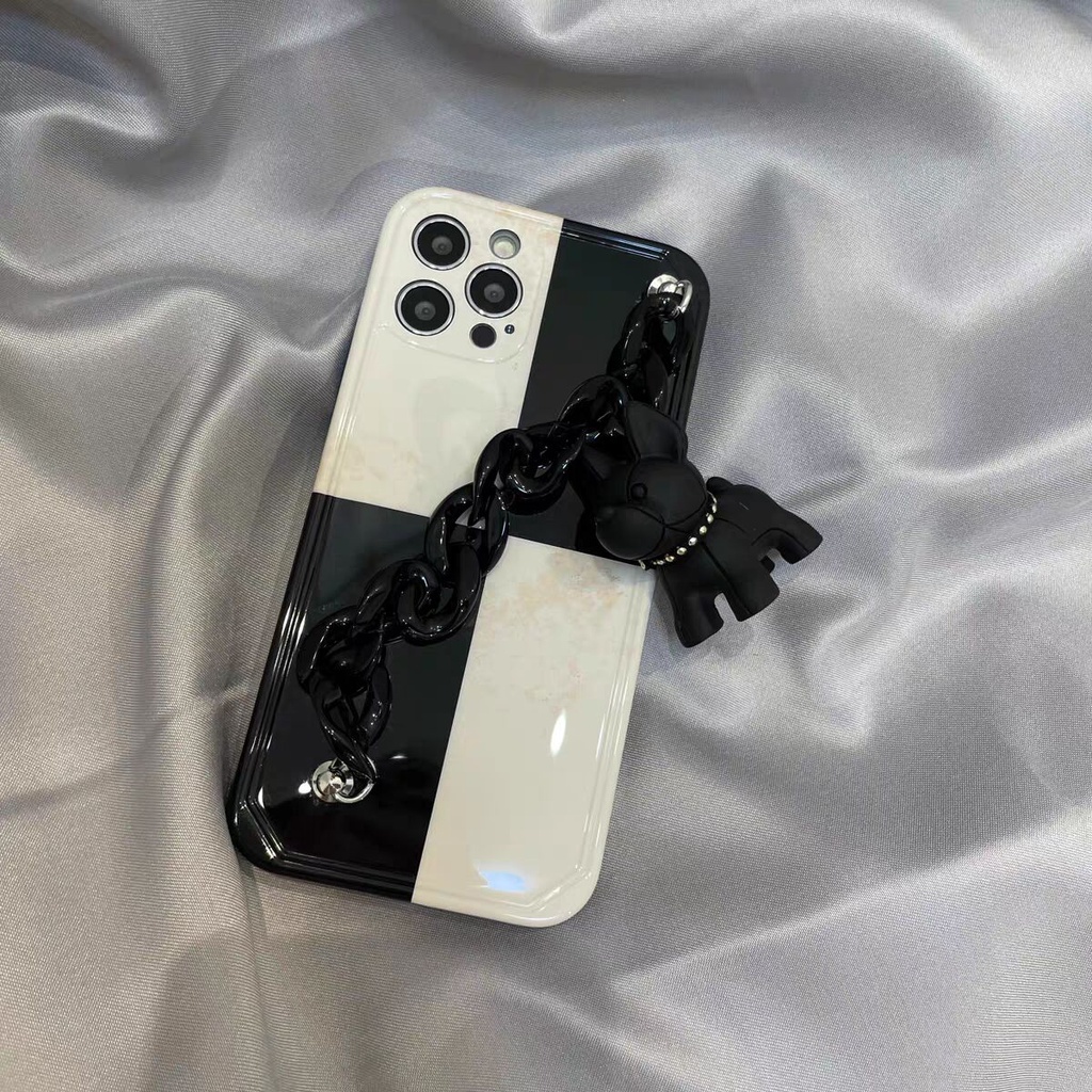 Ốp điện thoại gắn dây xích cún in họa tiết caro thích hợp cho Iphone 12 11 pro max xs