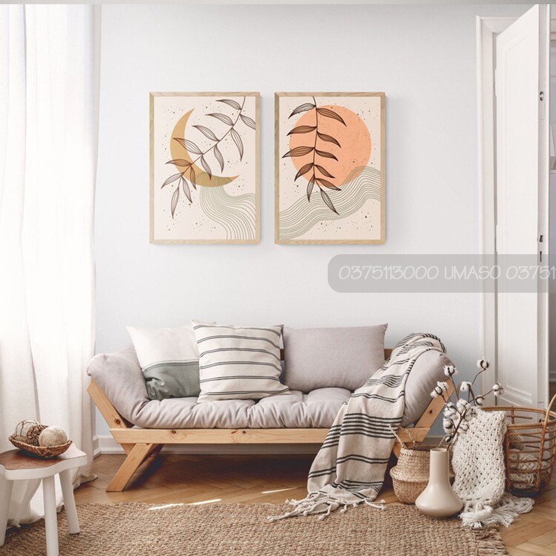 Set 2 tranh mặt trăng và mặt trời treo phòng khách, phòng ngủ chất liệu canvas