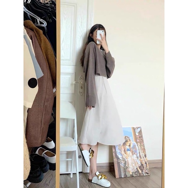 SET ÁO LEN CÁNH DƠI TRỄ VAI CROPTOP MIX VÁY DÀI PHONG CÁCH TIỂU THƯ HÀN QUỐC ULZZANG
