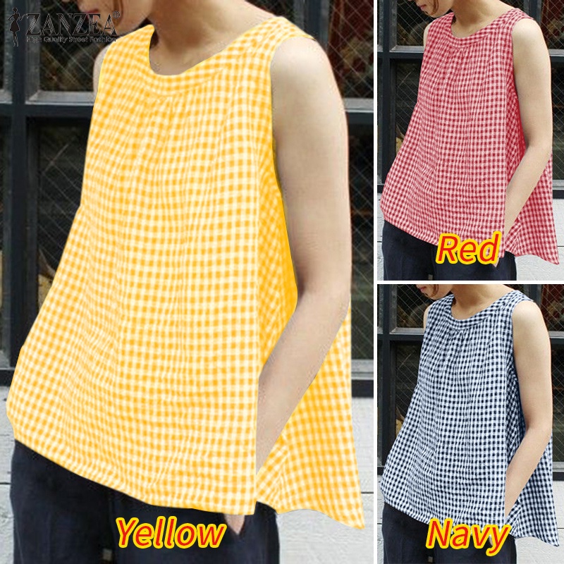 Áo sát nách ZANZEA họa tiết caro quyến rũ thời trang cho nữ