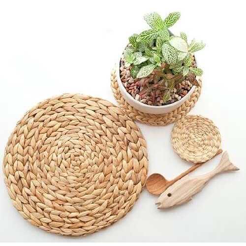 Thảm lục bình tròn tấm lót đan bằng bèo hay lục bình tự nhiên 100% làm lót, thảm, decor vintage