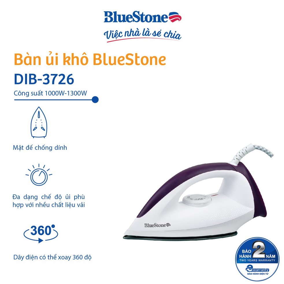 [Mã ELBLUEWL5 giảm 10% đơn 500K] Bàn ủi khô Bluestone DIB-3726 - 1200W