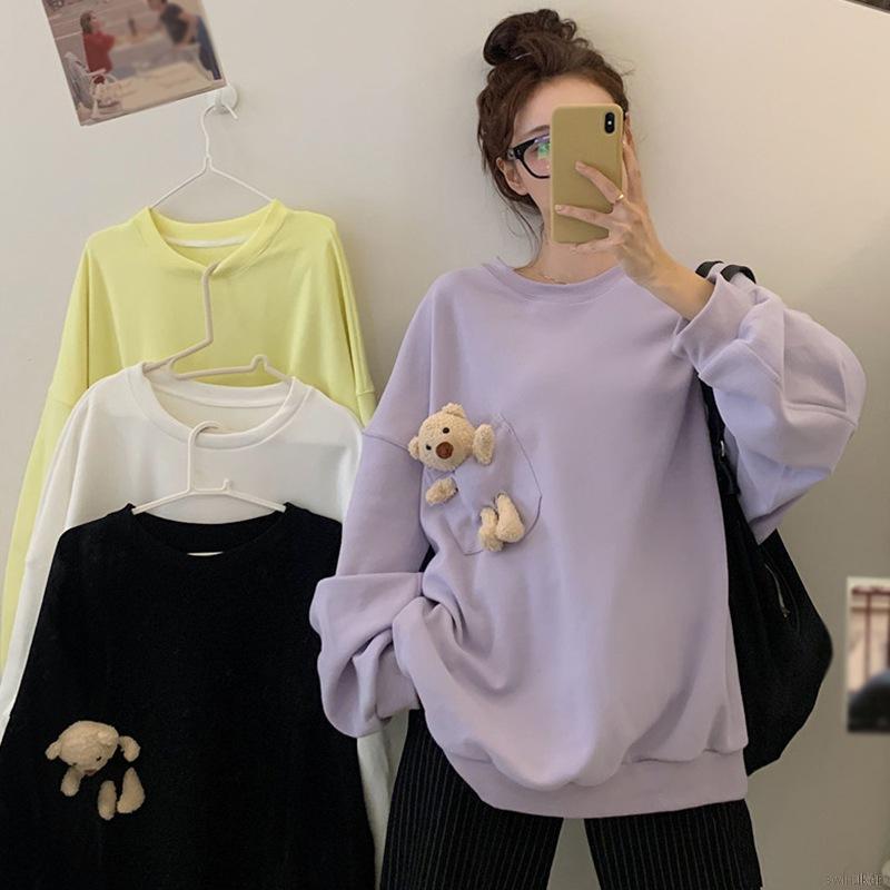 Áo Sweater Nữ Tay Dài Dáng Rộng In Hình Gấu Dễ Thương Phong Cách Hàn Quốc