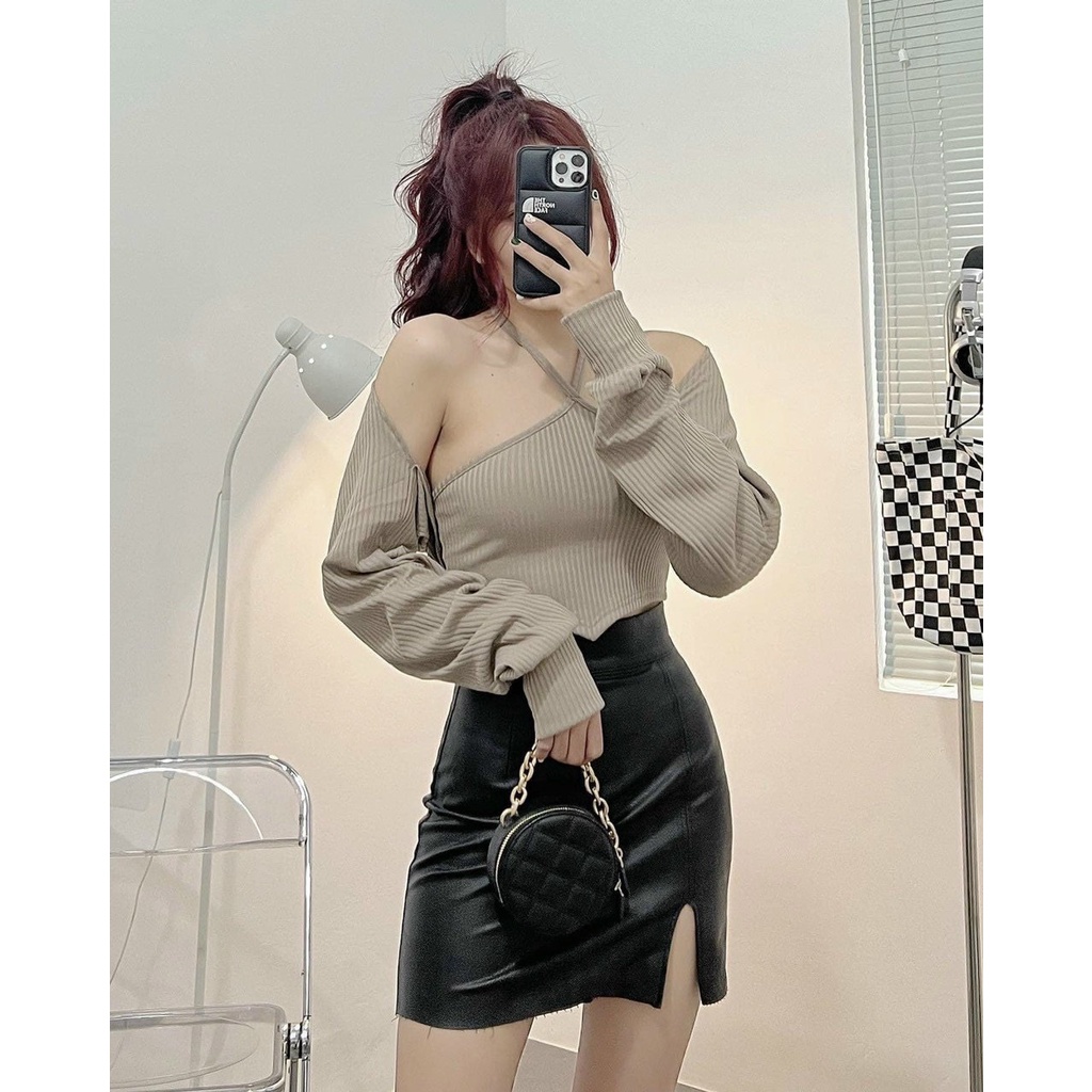 Combo 2 áo - Set áo yếm vạt nhọn croptop kèm áo khoác tay dài hở vai NG
