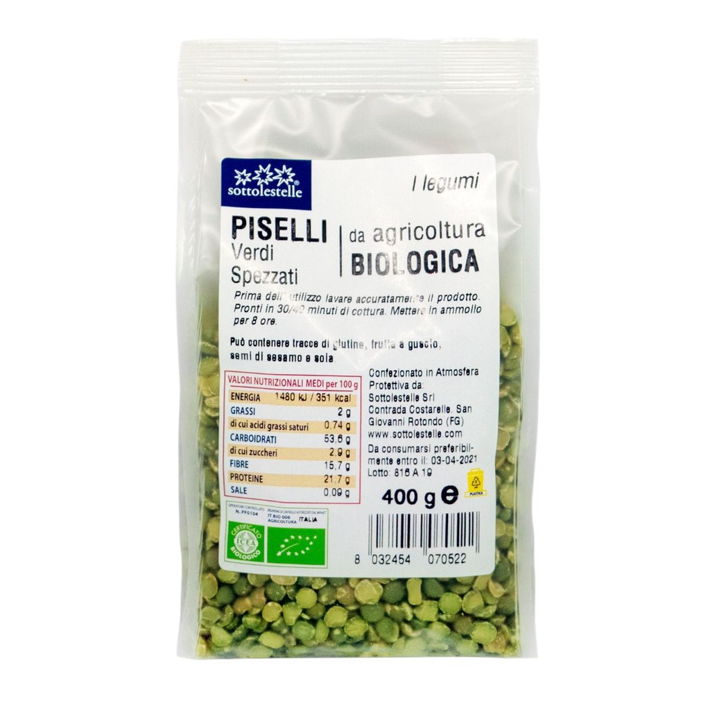 [Mã SR11JUNE5 giảm 20K đơn 50K] Đậu hà lan hữu cơ Sottolestelle 400g – Piselli verdi spezzati Italiani