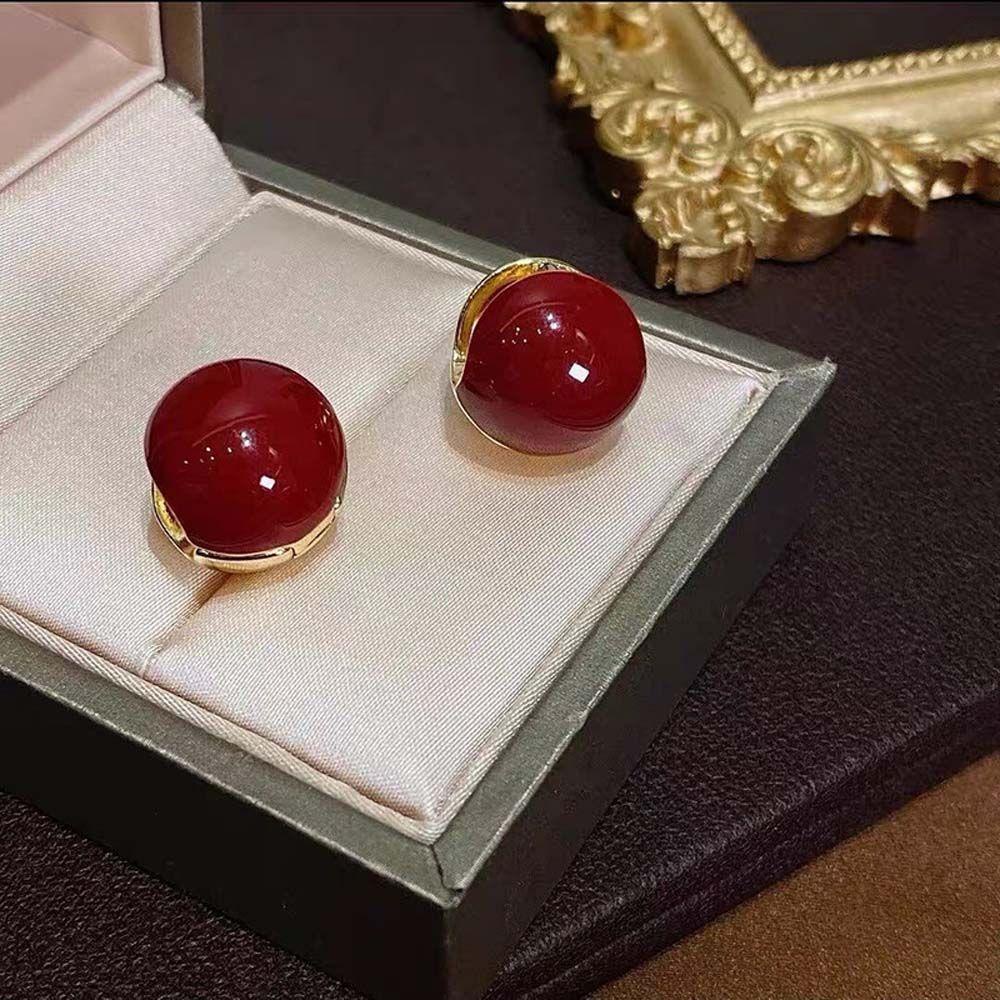 Bông Tai Hình Tròn Bằng Đồng Đính Hạt Đậu Đỏ Phong Cách Hàn Quốc Cổ Điển Đơn Giản Cho Nữ