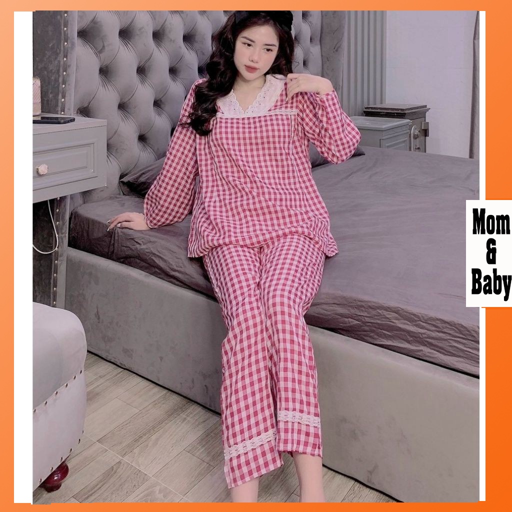 Bộ đồ bầu kẻ dài cổ tim M398 chất đũi freesize từ 45 đến 70kg