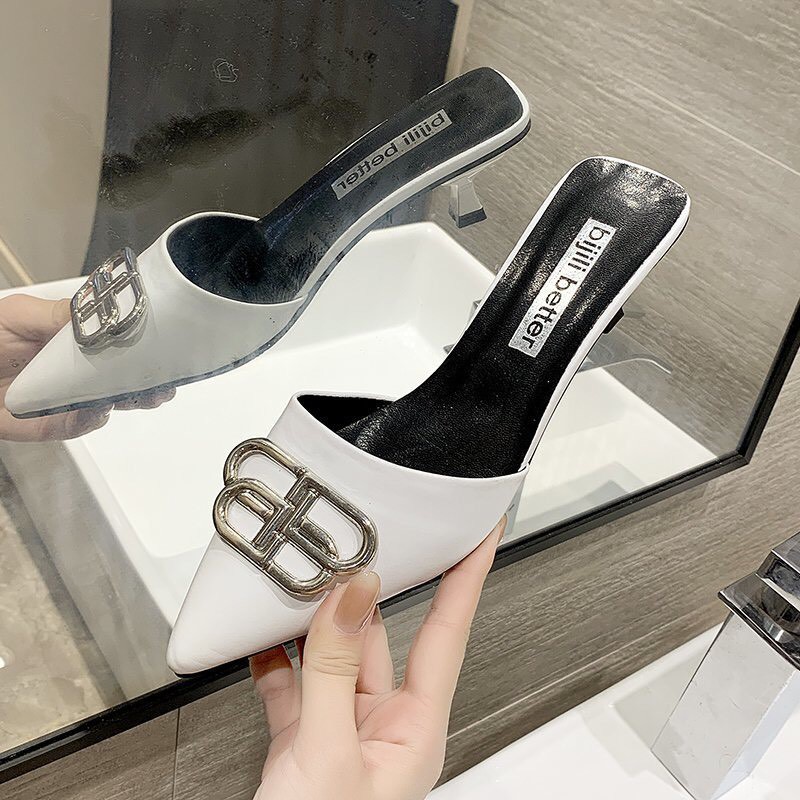 Giày sục nữ cao gót BB 4 cm da mềm, giày sục nữ có 2 màu đen và trắng