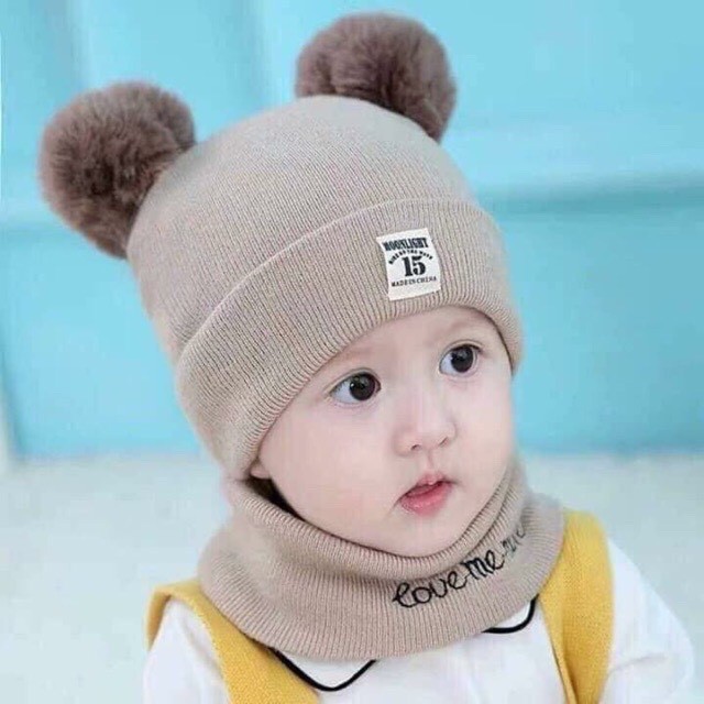 Sét mũ len 2 quả bông kèm khăn ống Happybear