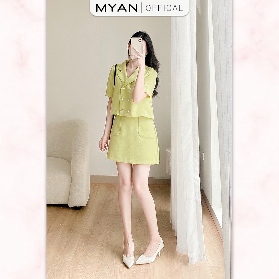 Set Áo Chân Váy Dạ Tweed Myan Thiết Kế Croptop Cổ Vest 2 Túi Ngực Màu Xanh Bơ, Hồng, Kem Svn102201