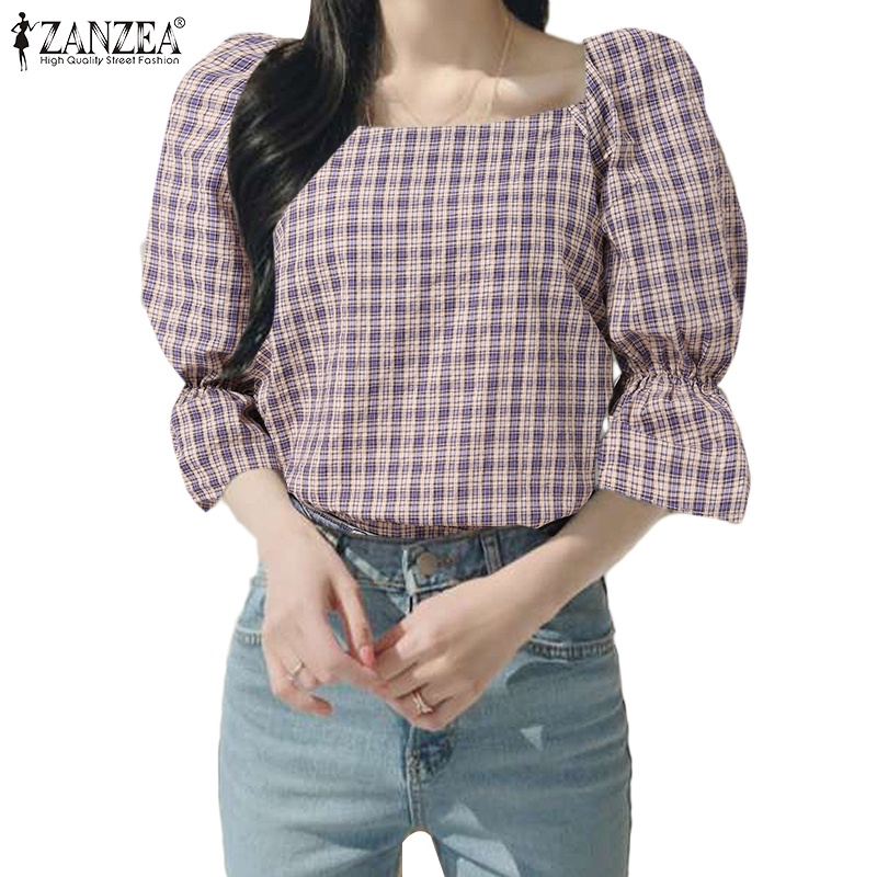 ZANZEA Áo Kiểu Tay Phồng 3/4 Cổ Vuông Thời Trang Hàn Quốc Cho Nữ