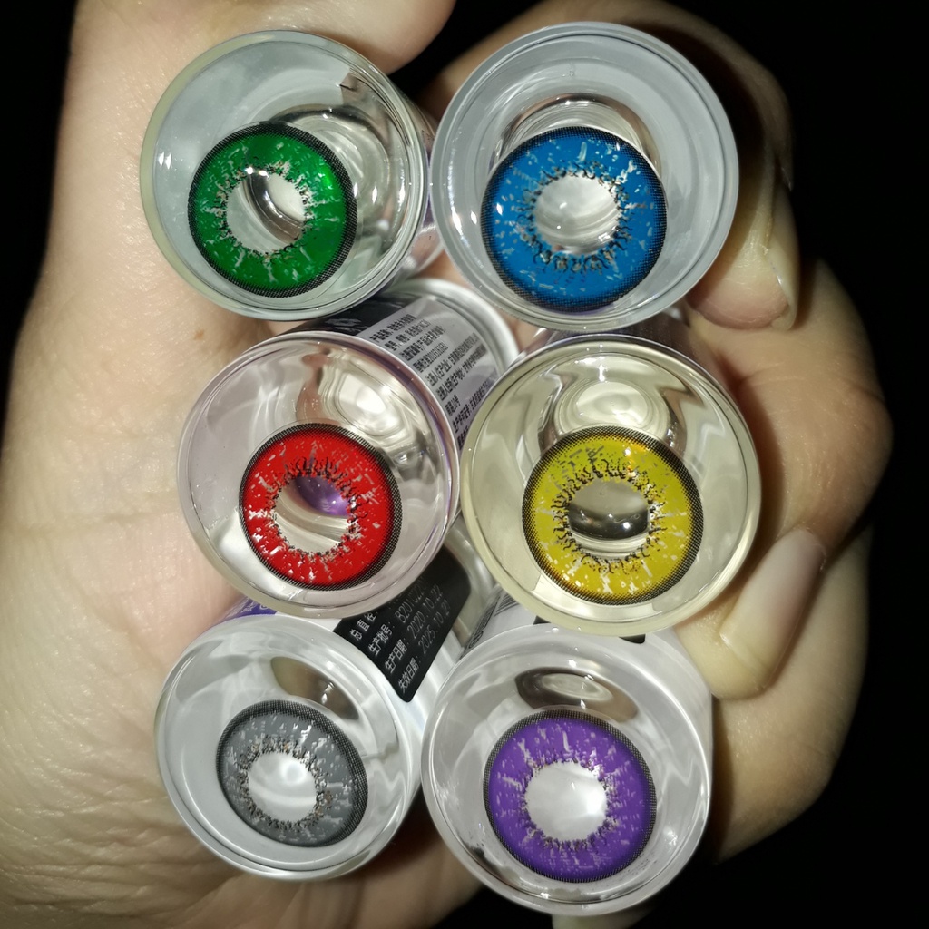 Kính áp tròng lens Love cosplay 0 độ màu xanh lá xanh dương tím vàng đỏ xám