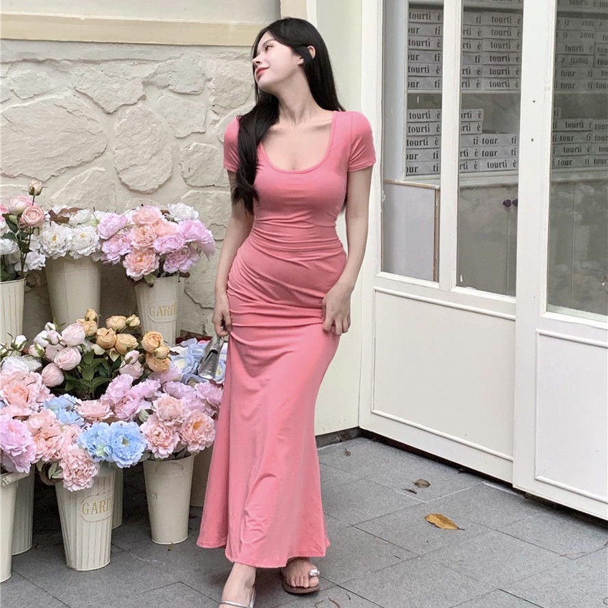 COZOK Đầm Ngắn Tay Cổ Vuông Dáng Ôm Thời Trang Quyến Rũ Cho Nữ