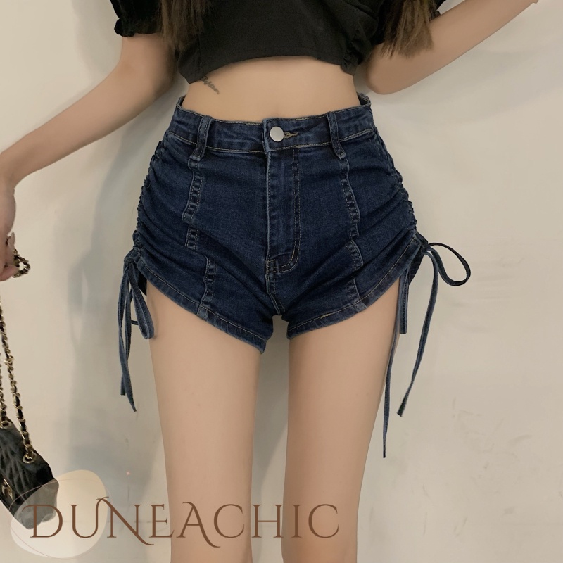 DUNEA Quần Short Denim Lưng Cao Dáng Chữ A Phối Dây Rút Gợi Cảm Dành Cho Nữ