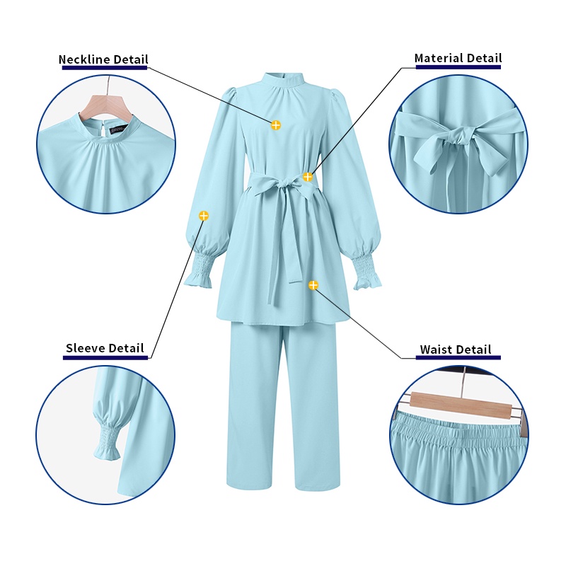 Set đồ Hồi giáo ZANZEA có áo tay phồng dài thắt dây eo cao màu trơn tùy chọn dành cho nữ