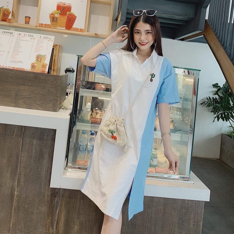 (kèm hinh thật) Đầm suông phối sọc xanh thêu xương rồng - D431