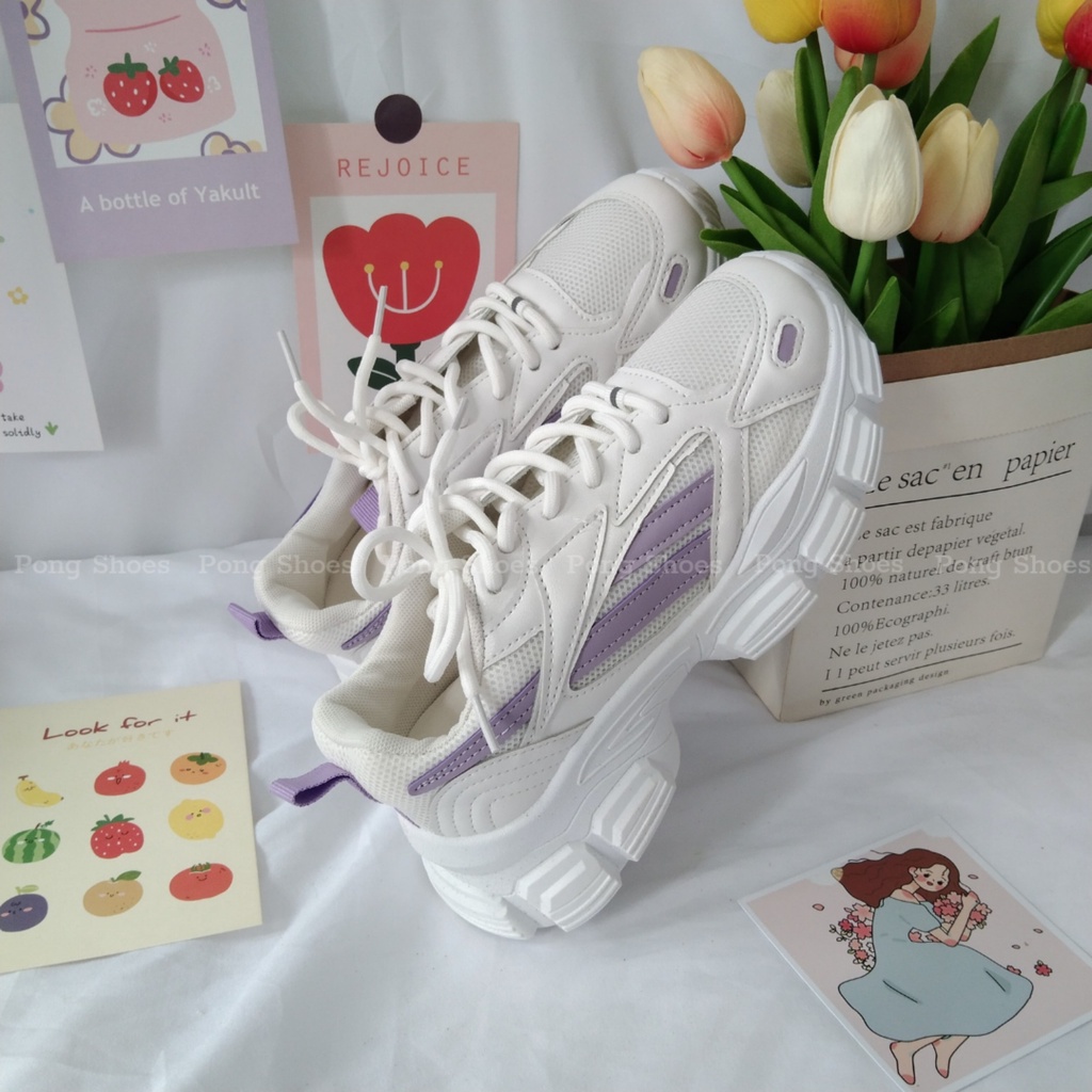 Giày sneaker nữ mùa Hè phong cách Ulzzangs PongShoes màu trắng xám, trắng tím FULL HỘP 1286