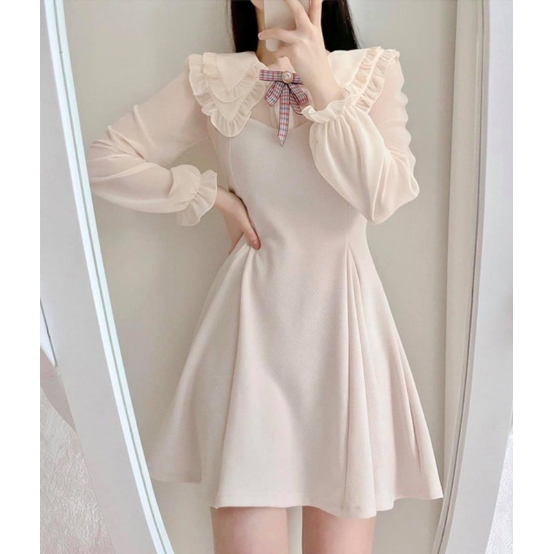 Váy Chữ A Thiết Kế Ren Tay Phồng Thắt Nơ Ngọt Ngào - Little Witch Hàn Quốc