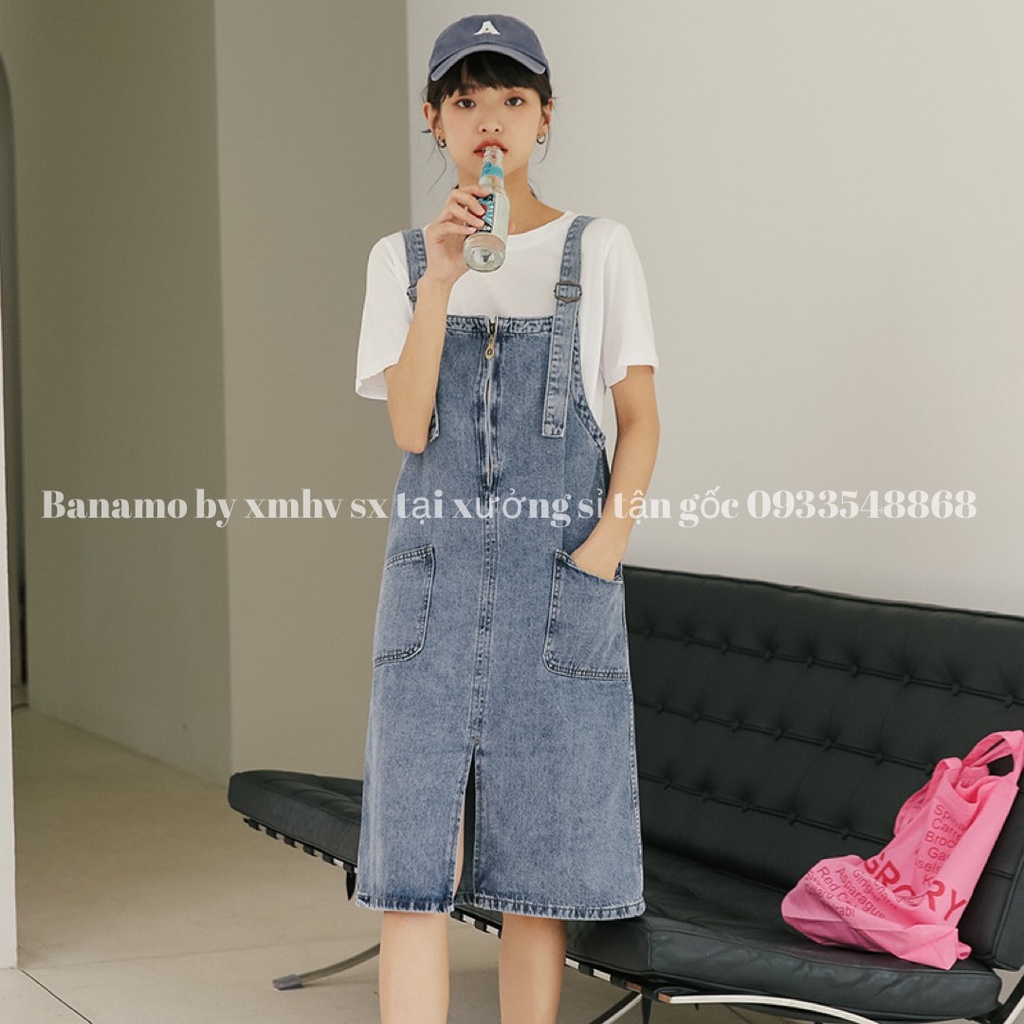 Váy yếm JEAN nữ xẻ giữa phối khóa kéo trước phong cách hàn quốc thời trang Banamo Fashion 563 | BigBuy360 - bigbuy360.vn