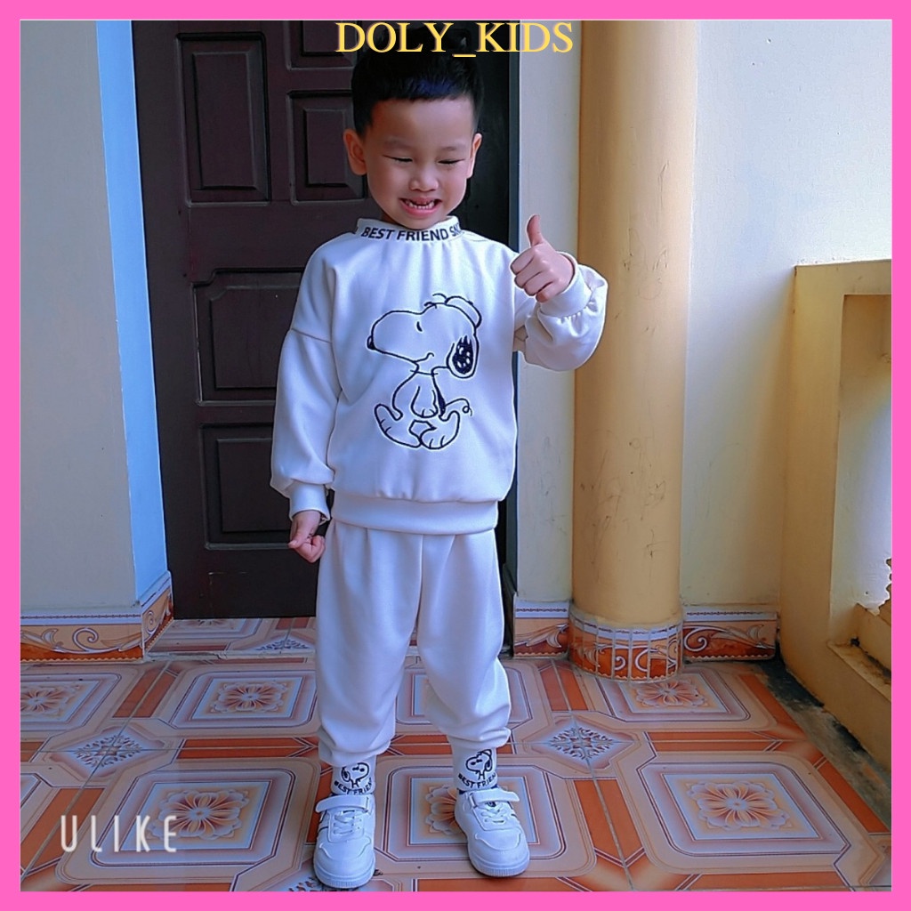 Bộ nỉ cho bé trai Doly-kids, Bộ thu đông bé trai bé gái thêu hình chú chó chất nỉ bông cực ấm từ 7- 28kg NC881