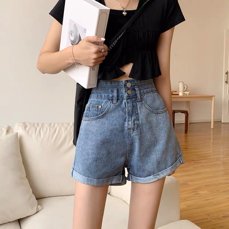 Quần Shorts Jean Nữ Lưng Cao Hai Khuy Chất Bò Denim Hàn Quốc 3 Màu Hottrend MIAA