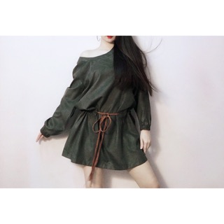 Đầm suông da lộn cột dây bính