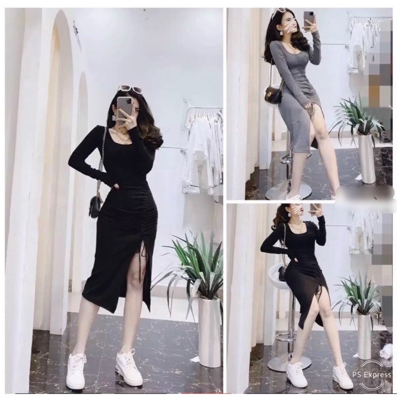 Đầm body tay dài cổ vuông xẻ tà phối dây rút sexy gợi cảm man phong cách thể thao cá tính