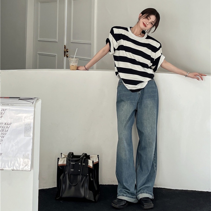 Áo Thun Ngắn Tay Cổ Tròn Họa Tiết Kẻ Sọc Thời Trang Trẻ Trung