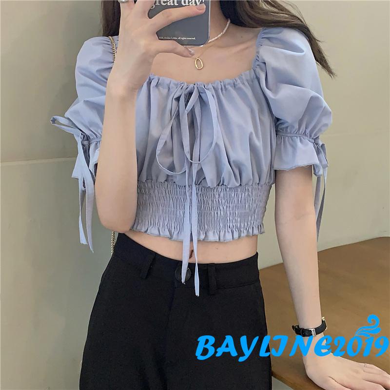Áo Croptop Tay Phồng Ngắn Màu Trơn Có Dây Rút Thời Trang Cho Nữ