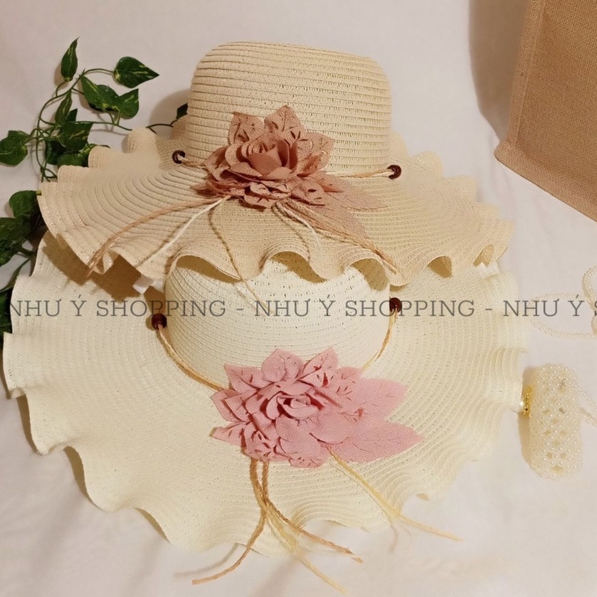 Nón cói,mũ cói nữ đi biển vành nhỏ gợn sóng mix hoa xinh đẹp mùa hè hình thật_gợn sóng nhỏ hoa lazer