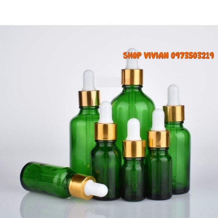 Chai Lọ Đựng Tinh Dầu, serum 20ml, thân thủy tinh màu xanh lá nắp bóp nhôm vàng