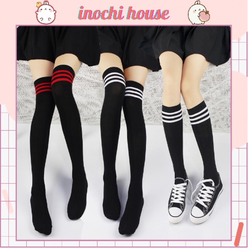 (Inochi) Tất đùi kẻ sọc đen trắng, vớ đùi ulzzang