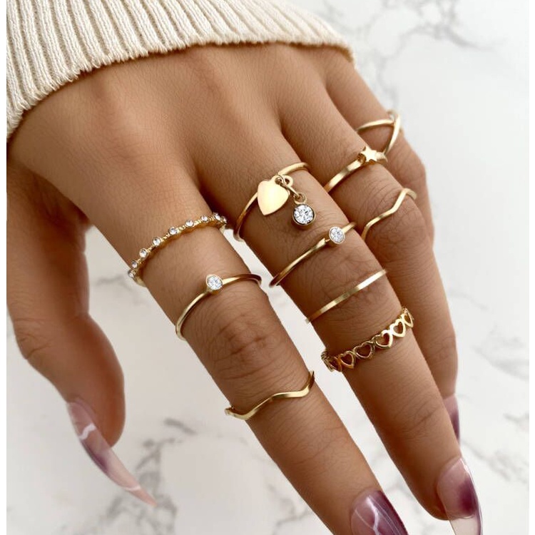 Set 10 Nhẫn Đeo Tay Kim Loại Retro Thời Trang Cho Nữ