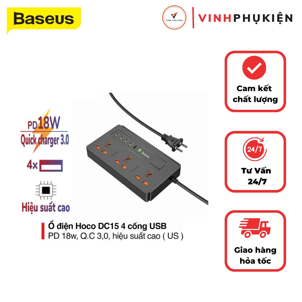 ✎Ổ điện đa năng thông minh dc15 hoco áp 220v sạc nhanh pd 18w và 4 cổng usb qc 3.0 an toàn chống cháy nổ