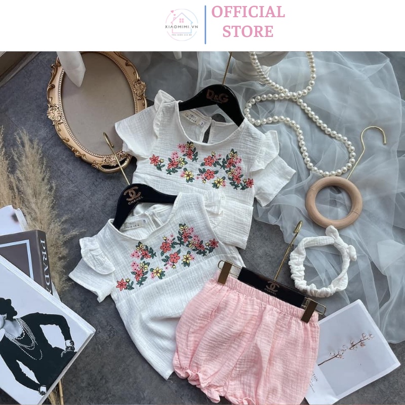 Bộ đồ cho bé gái vải đũi thêu hoa ngực quần hồng kèm Tuban Xiaomimi AB86521