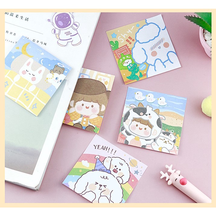 Giấy note ghi chú dán được nhiều hình cute dễ thương size vuông 75*75mm (4 tập - 80 tờ)